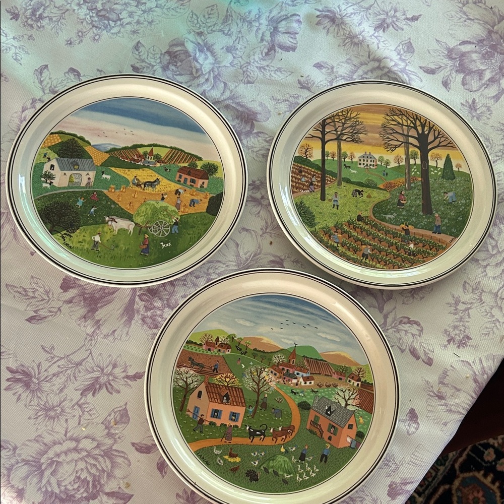 Villeroy & Boch Set of Three Pastoral Scene Wall Plates in Green, Blue, Yellow